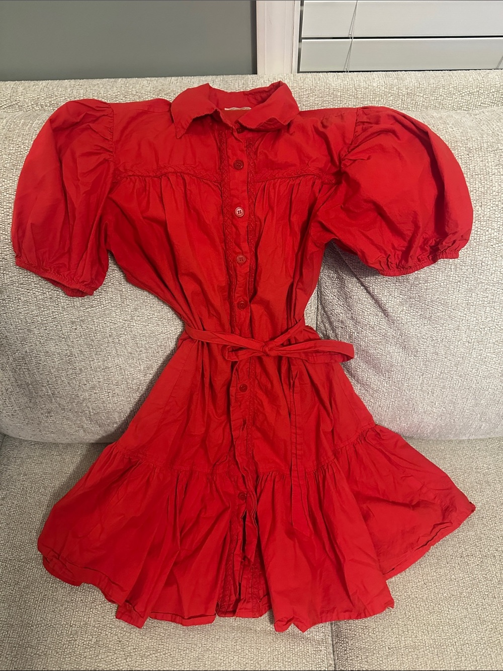 Bright Red Puff-Sleeve Button-Front Dress with Tie Waist